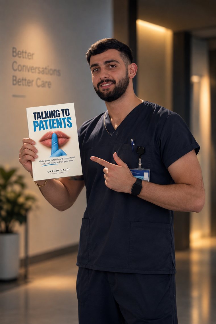 Shahin Najdi, physiotherapist, holding a printed copy of Talking to Patients