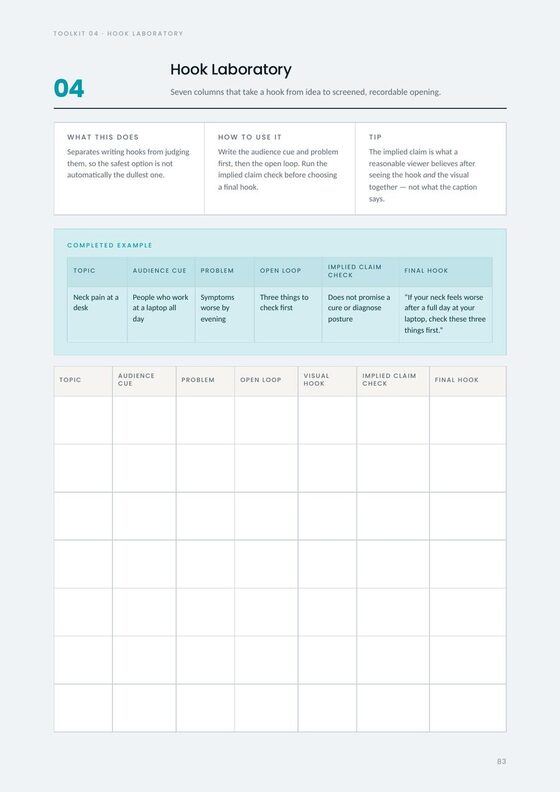 Hook laboratory worksheet for drafting and screening hooks.